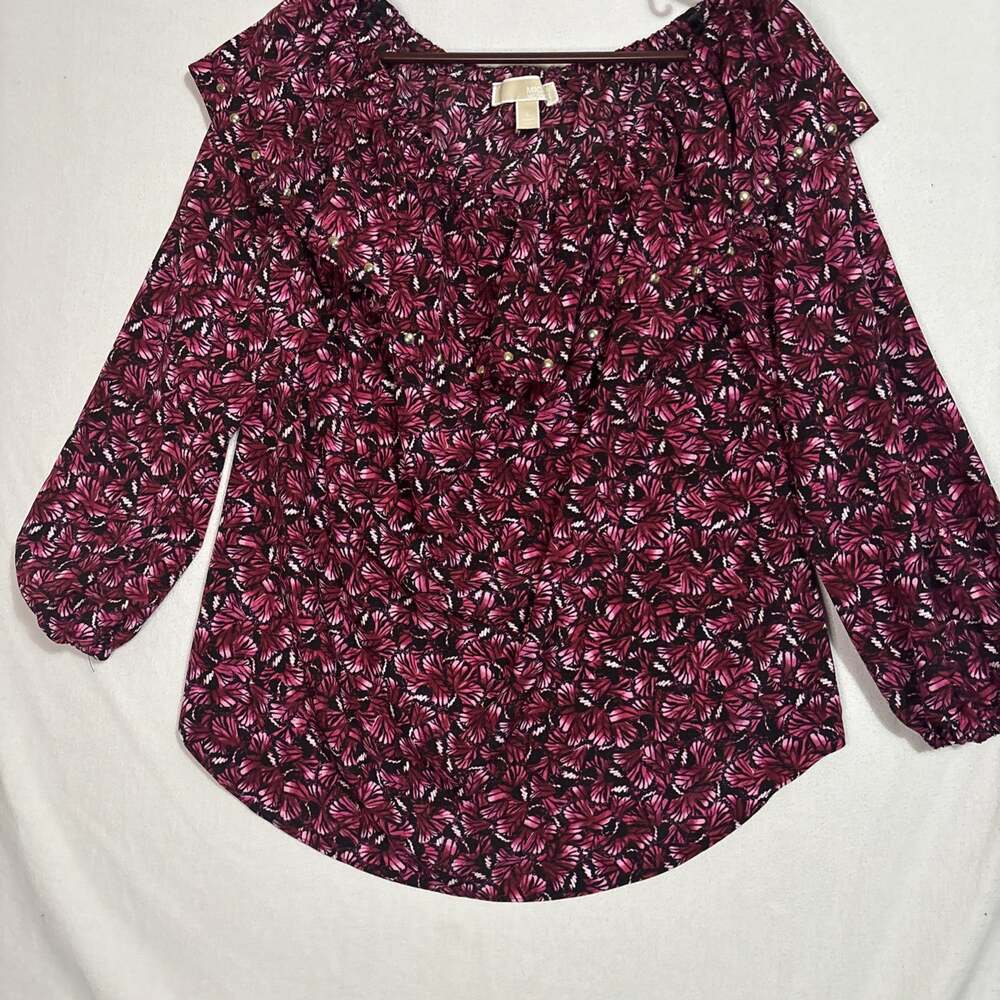 Michael Kors Multicolor Pattern Top Size L Gold Pink Burgundy Ruffle Around Neck